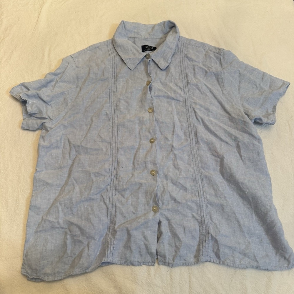 Crazy Horse Liz Claiborne Women XL Blue Linen Short Sleeve Pintuck Blouse Shirt